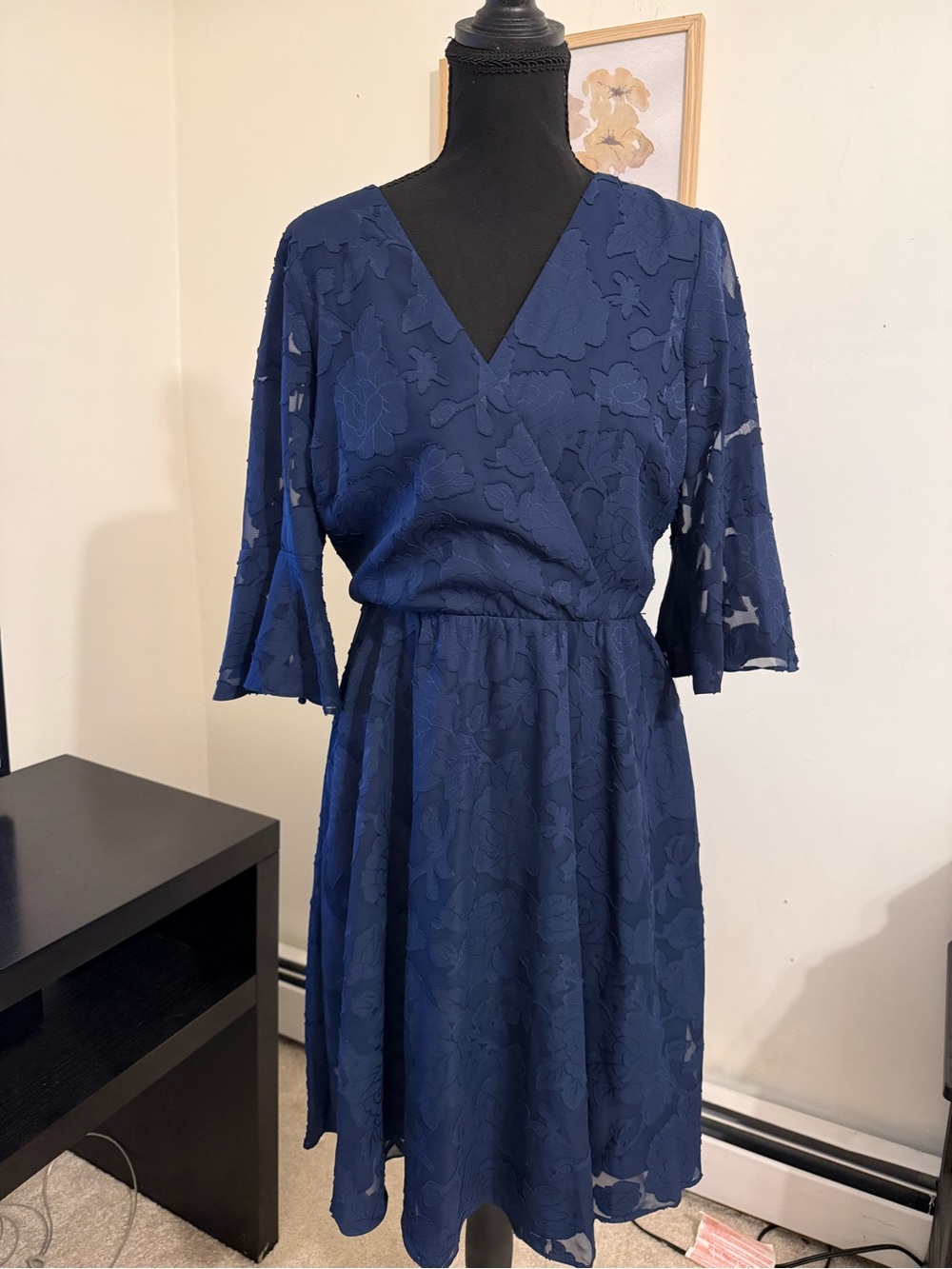 Kensie Navy Floral Lace Wrap-Front Midi Dress